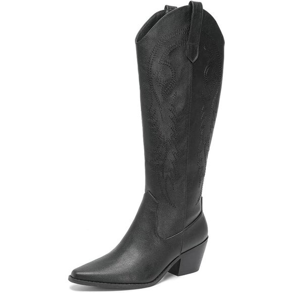 AMOJI Women Black Western Cowboy Boots Pointed Toe Mid Calf Cowgirl - Picture 1 of 7